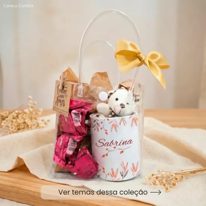 Kit Presente Aniversário Caneca Personalizada, Ursinho e Bombons