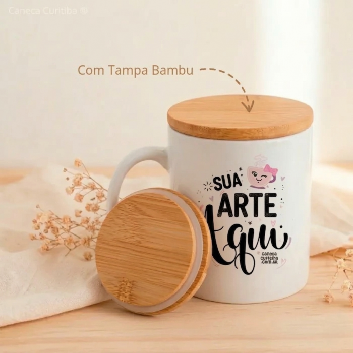 Caneca Personalizada com Foto ou Nome 300ml e Tampa Bambu