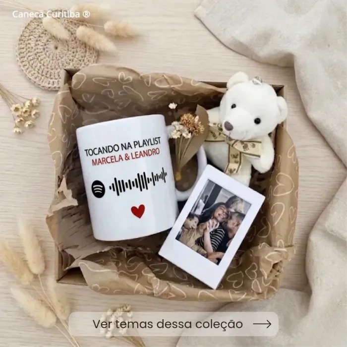 Kit Presente Música e Foto com Caneca Personalizada no Caixotinho MDF