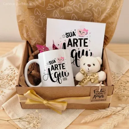 Kit Caixa Presente Personalizado com Caneca, Azulejo e Ursinho