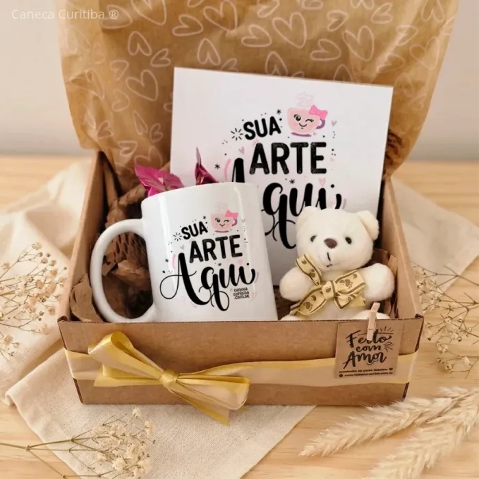 Kit Caixa Presente Personalizado com Caneca, Azulejo e Ursinho