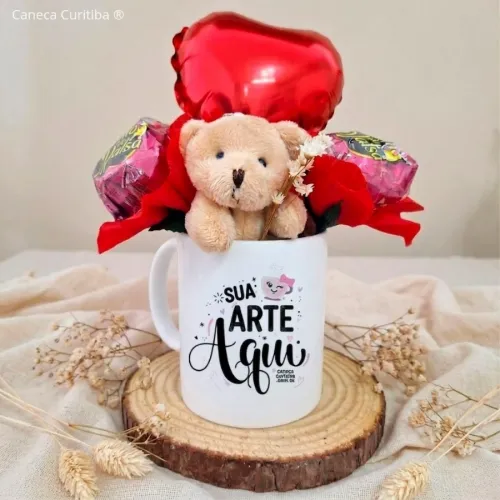Caneca Presente com Ursinho, Bombons e Balão