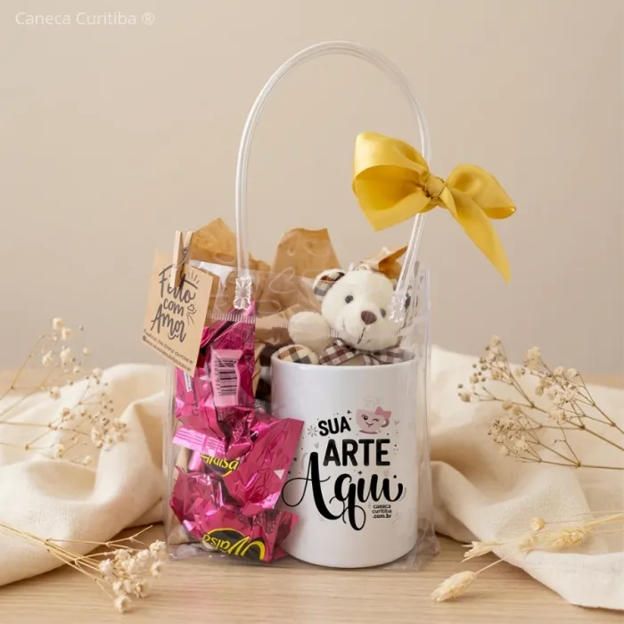 Kit Presente com Caneca Personalizada, Ursinho e Bombons
