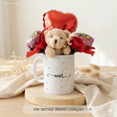 Kit Presente Namorados com Caneca, Ursinho, Balão e Bombons