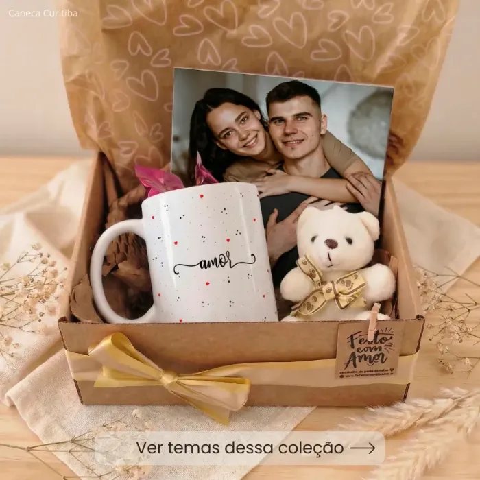 Kit Caixa Presente Namorados com Caneca e Azulejo Personalizado com Foto