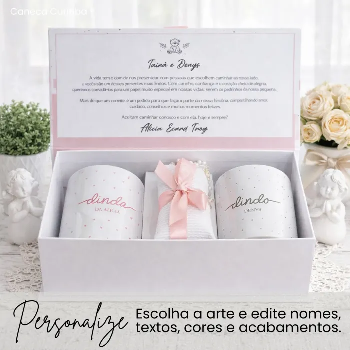 Convite para Padrinho e Madrinha de Batismo com Canecas e Mini Terço