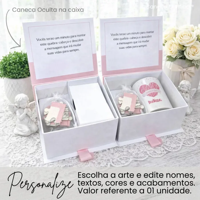 Convite para Padrinhos de Batismo com Caneca e Quebra-Cabeça em Caixa Cartonagem