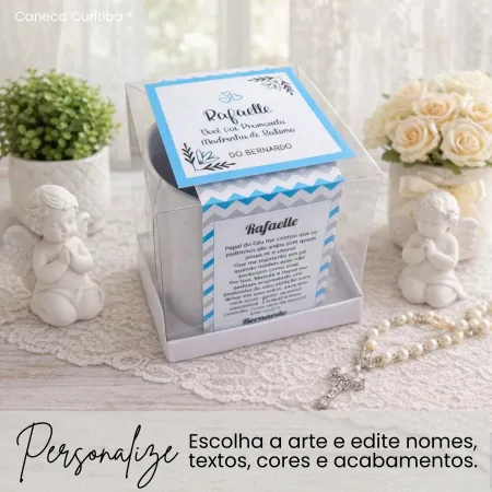 Convite para Padrinhos de Batismo com Caneca em Caixa Acetato com Tag