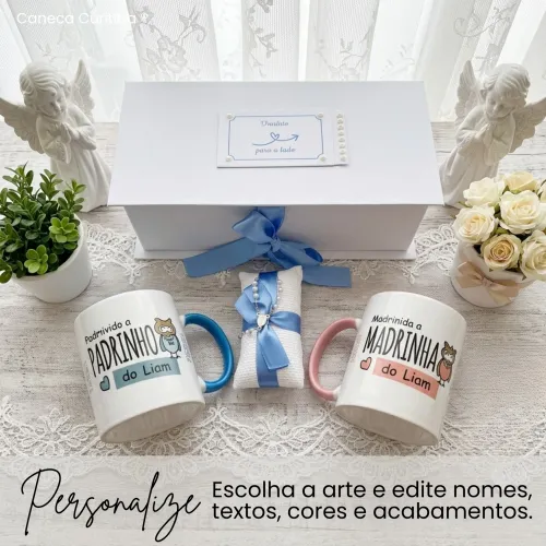 Convite para Padrinho e Madrinha de Batismo com 2 Canecas Co...
