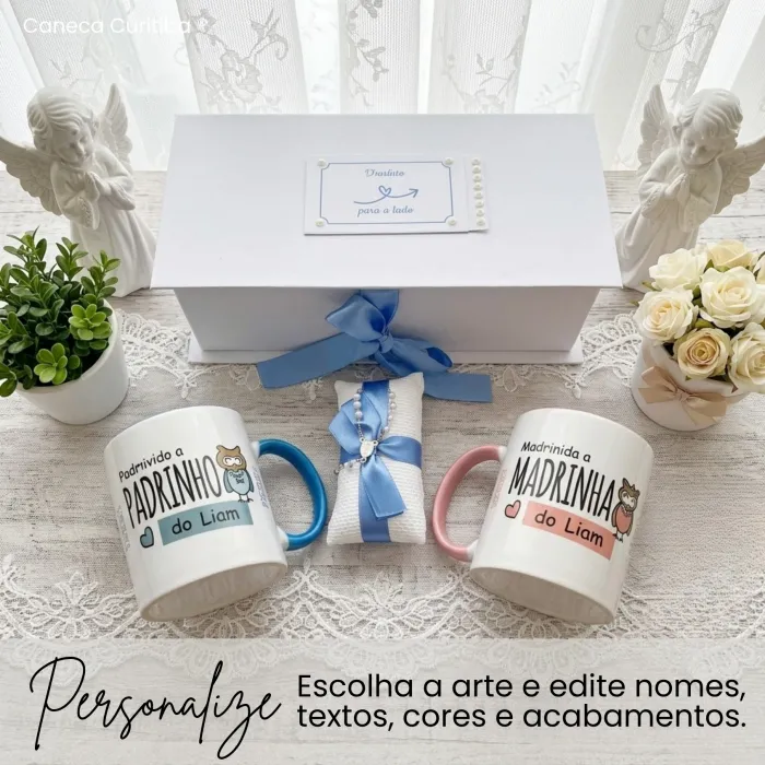 Convite para Padrinho e Madrinha de Batismo com 2 Canecas Coloridas em Caixa Cartonagem