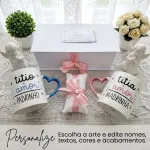 Convite para Padrinho e Madrinha de Batismo com Canecas Alça Coração Azul e Rosa