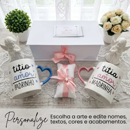 Convite para Padrinho e Madrinha de Batismo com Canecas Alça Coração Azul e Rosa