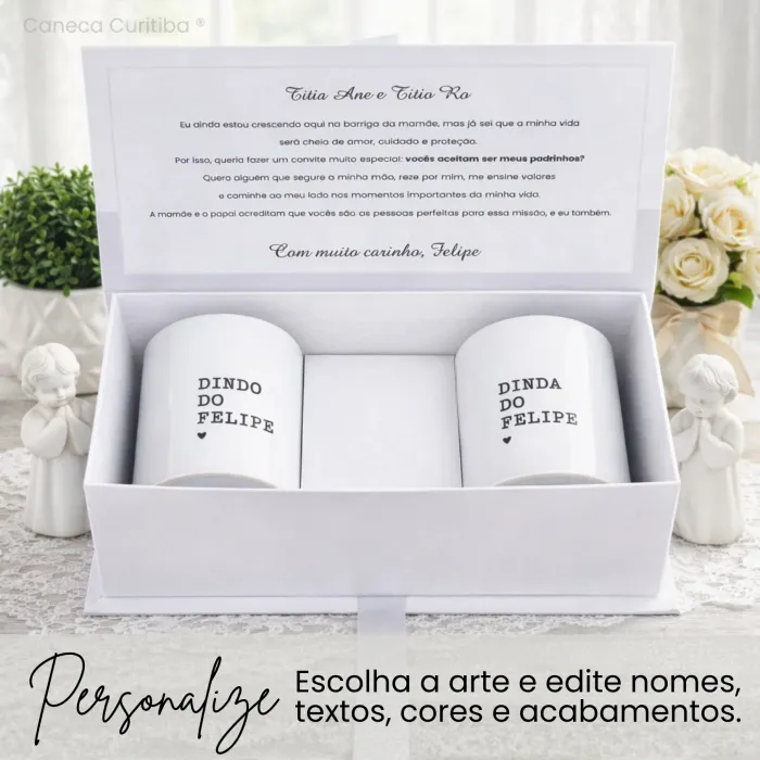 Convite para Padrinho e Madrinha de Batismo com 2 Canecas Cerâmica em Caixa Cartonagem