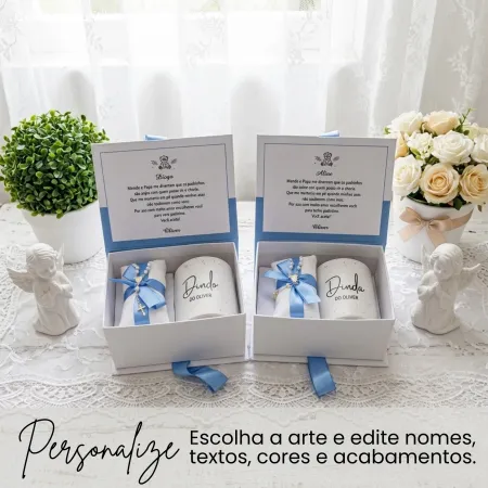 Convite para Padrinho e Madrinha de Batismo com 2 Canecas e Mini Terço em Caixa Cartonagem