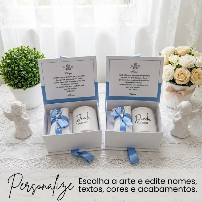 Convite para Padrinho e Madrinha de Batismo com 2 Canecas e Mini Terço em Caixa Cartonagem