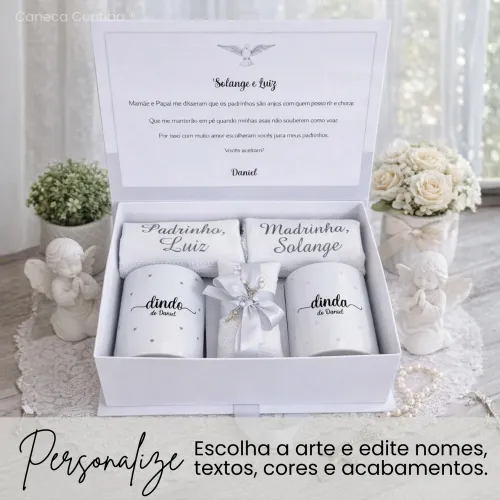 Convite para Padrinho e Madrinha de Batismo com Canecas, Ter...