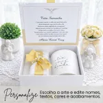 Convite para Padrinho ou Madrinha de Batismo com Caneca, Almofadinha Terço em Caixa Cartonagem