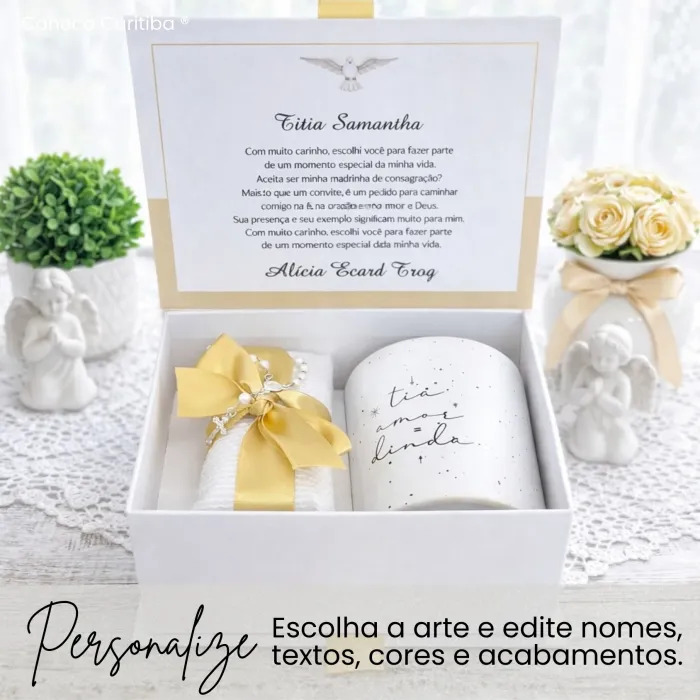 Convite para Padrinho ou Madrinha de Batismo com Caneca, Almofadinha Terço em Caixa Cartonagem