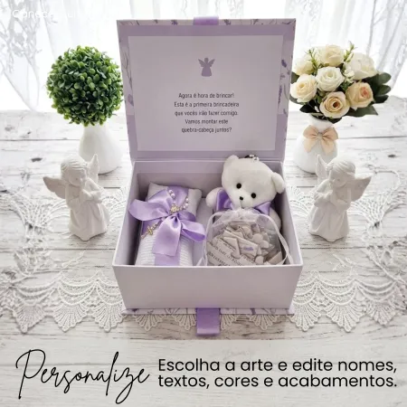 Caixa Convite para Padrinhos de Batismo com Ursinho, Quebra-Cabeça e Terço