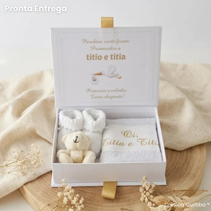 Caixa Revelação Gravidez para Titio e Titia Dourada Pronta Entrega