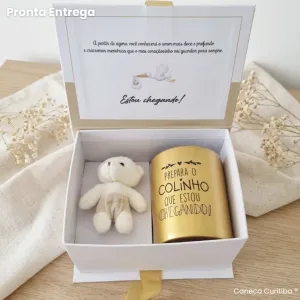 Caixa Revelação Gravidez com Caneca Metalizada Dourada Pront...