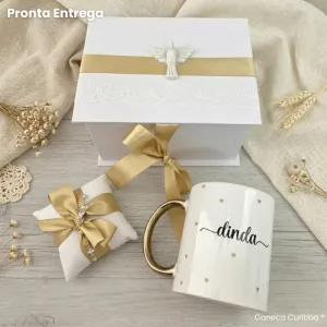 Caixa Convite Padrinhos Batismo Pronta Entrega (Alça Dourada...