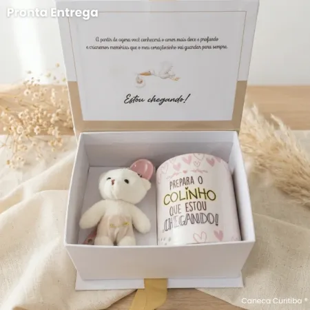 Caixa Revelação Gravidez com Caneca Colher Rosa Pronta Entrega