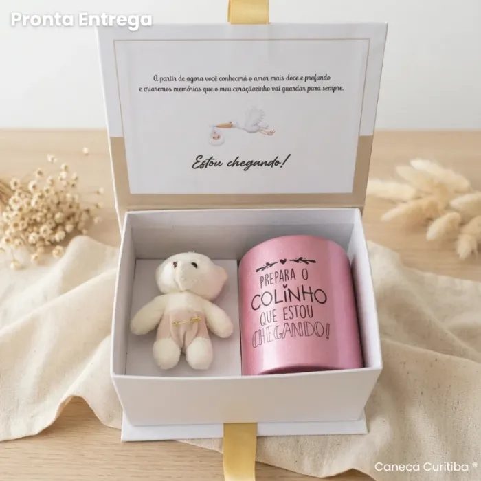 Caixa Revelação Gravidez com Caneca Metalizada Rosa Pronta Entrega
