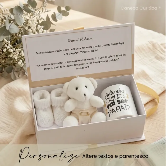 Caixa Revelação Gravidez Pai Personalizada com Caneca, Ursinho e Chaveiro Coração