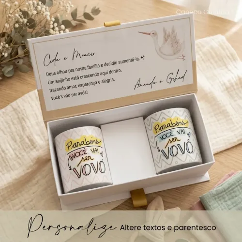 Caixa Revelação Gravidez para Avós com 2 Canecas Personaliza...