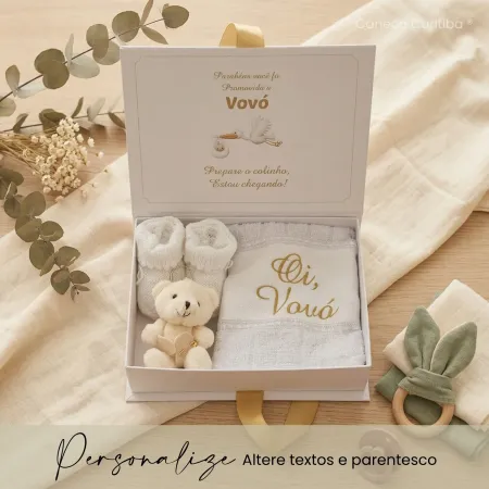 Caixa Revelação Gravidez para Vovó com Ursinho e Sapatinho Personalizada 