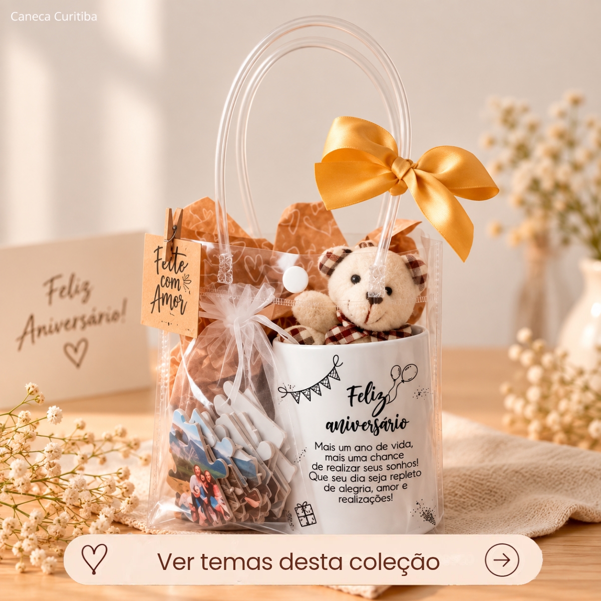 Kit Presente Aniversário Caneca Personalizada e Quebra-Cabeça sacola Pvc com Foto produto Kit Presente Aniversário Caneca Personalizada e Quebra-Cabeça sacola Pvc com Foto produto