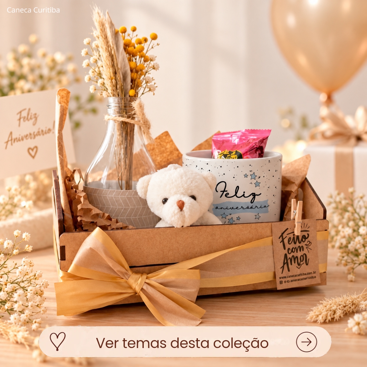 Kit Aniversário Caixotinho MDF com Caneca Personalizada, Ursinho e Mimos Kit Aniversário Caixotinho MDF com Caneca Personalizada, Ursinho e Mimos