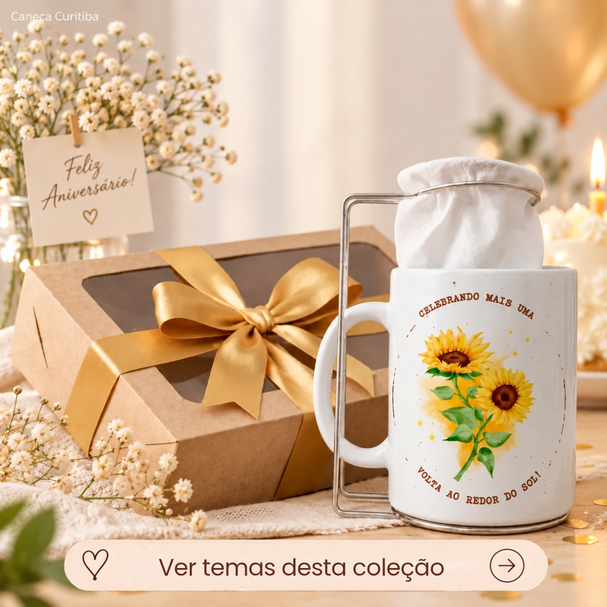 Kit Aniversário Café Personalizado com Mini Coador e Caneca Kit Aniversário Café Personalizado com Mini Coador e Caneca