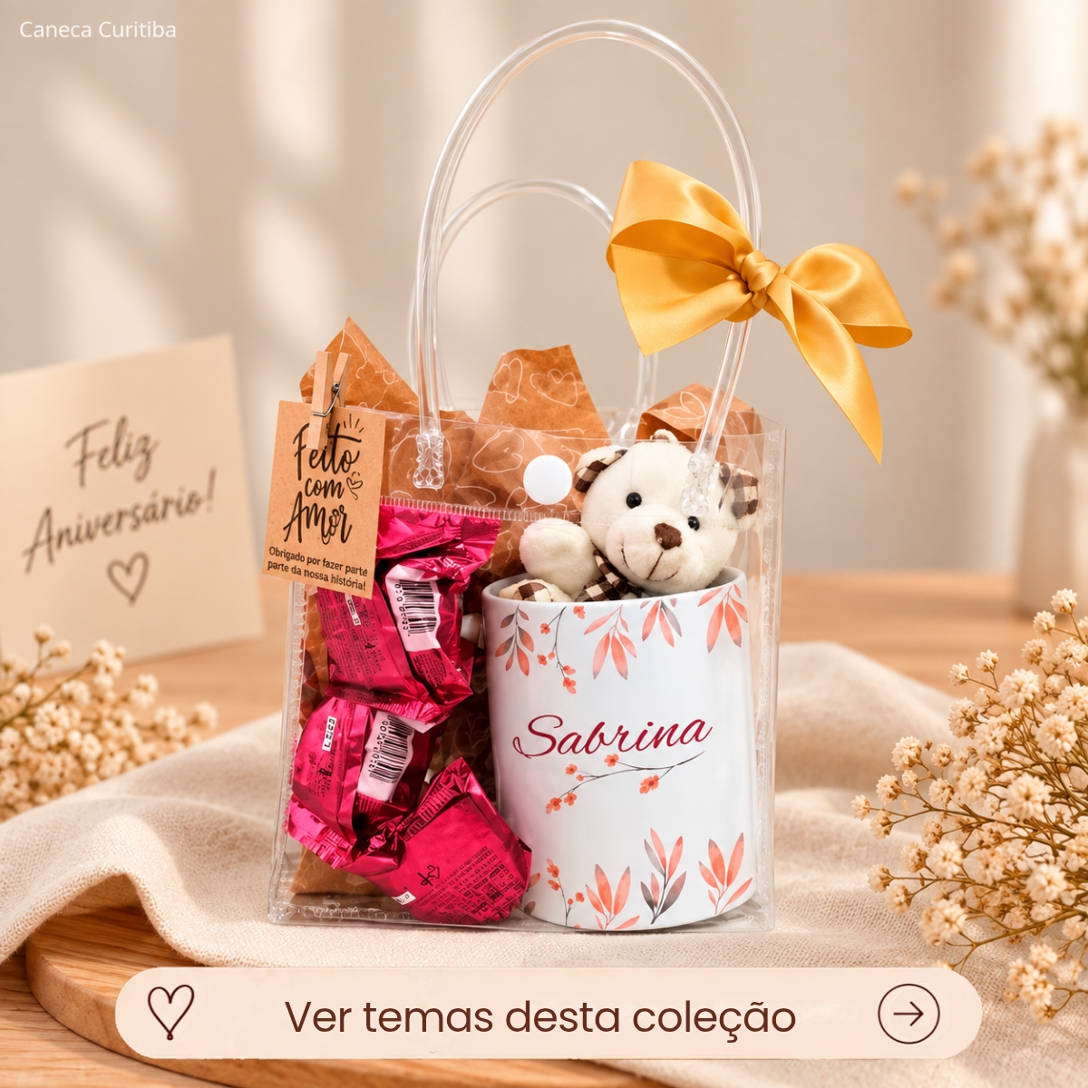 Kit Presente Aniversário Caneca, Ursinho e Bombons em Sacola PVC