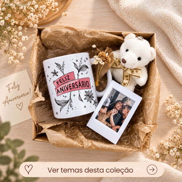 Kit Aniversário Presente Caneca, Mini Porta-Retrato Polaroid e Ursinho