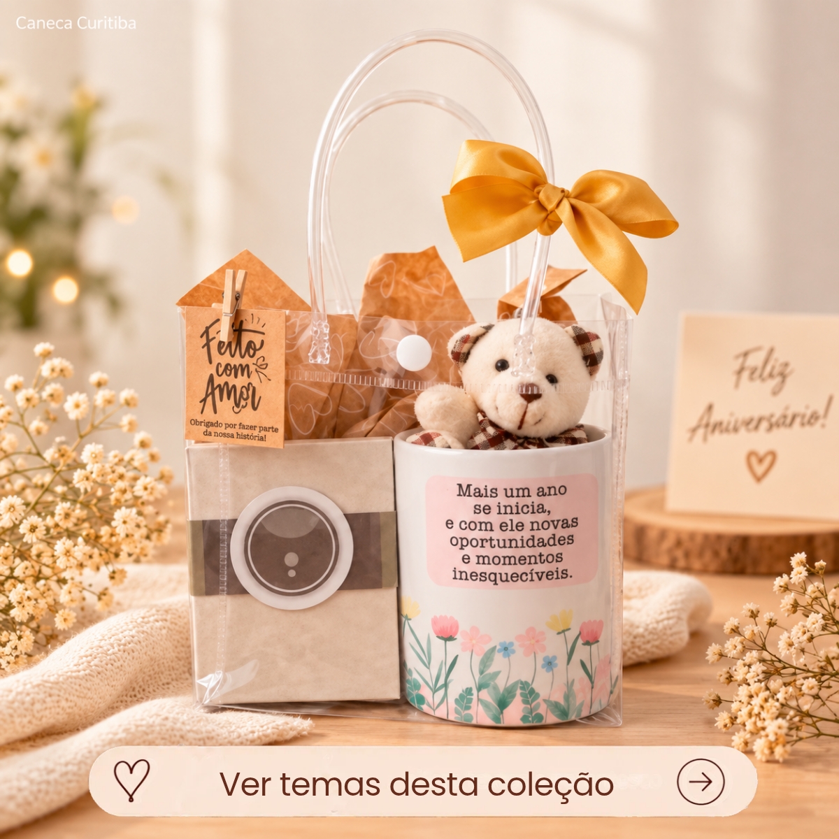 Kit Caneca Personalizada e Ímãs com Foto em Sacola PVC Aniversário