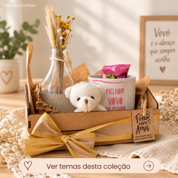 Kit Avó(ô) Caixotinho MDF com Caneca Personalizada, Ursinho e Mimos