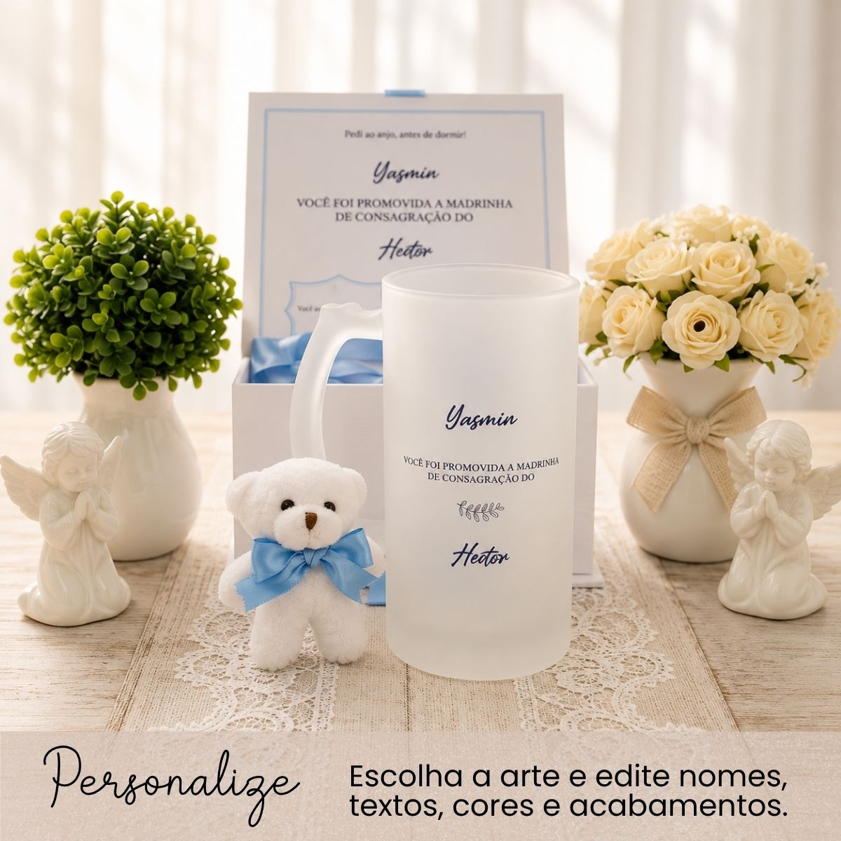 Convite para Padrinho ou Madrinha de Batismo com Caneca de Vidro Jateado Convite para Padrinho ou Madrinha de Batismo com Caneca de Vidro Jateado
