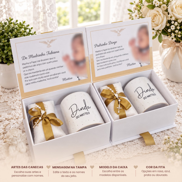 Kit Convite Padrinhos de Batismo com 2 Caixas Individuais e Mini Terço Kit Convite Padrinhos de Batismo com 2 Caixas Individuais e Mini Terço