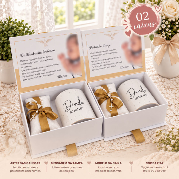 Kit Convite Padrinhos de Batismo com 2 Caixas Individuais e Mini Terço Kit Convite Padrinhos de Batismo com 2 Caixas Individuais e Mini Terço