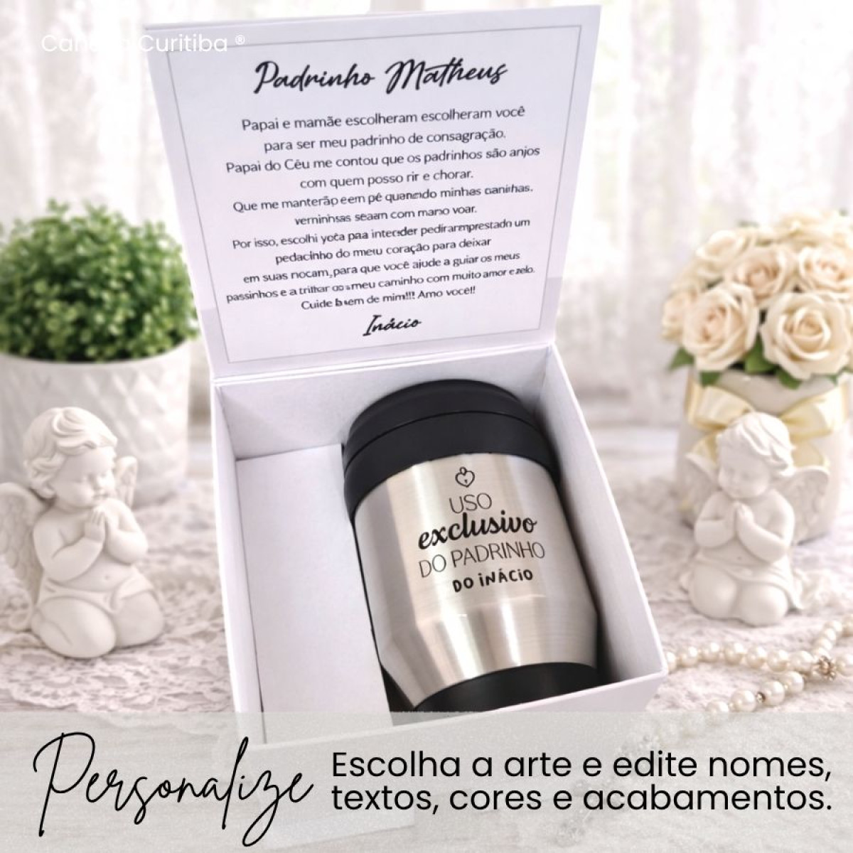 Convite para Padrinho ou Madrinha de Batismo com Caneca de Alumínio