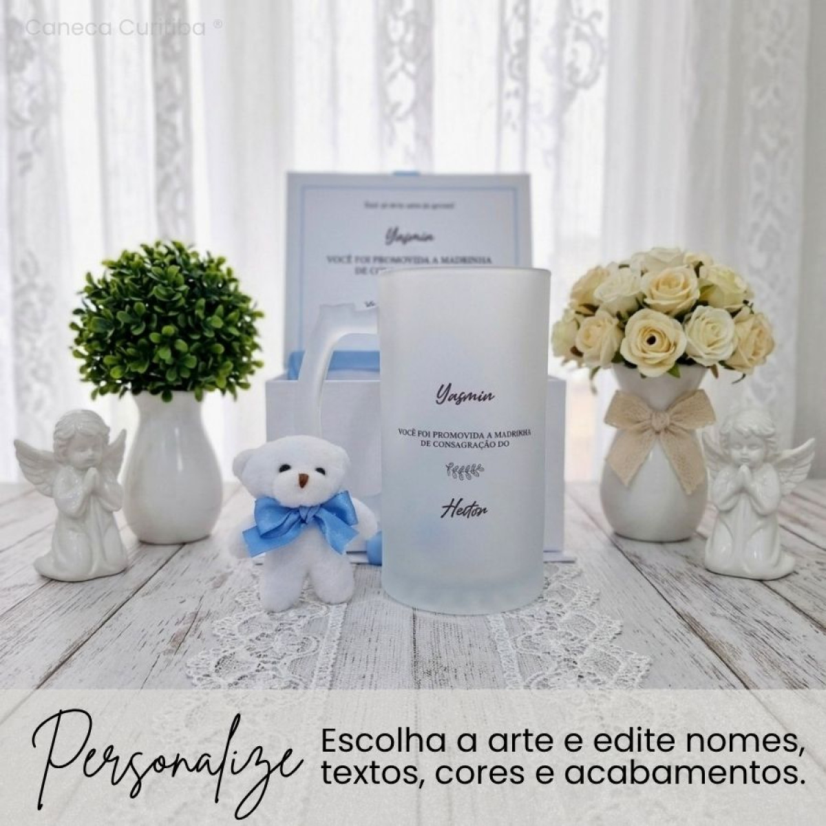Convite para Padrinho ou Madrinha de Batismo com Caneca de Vidro Jateado