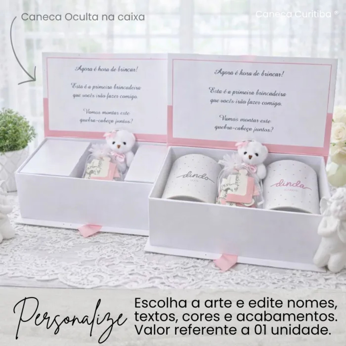 Convite para Padrinho e Madrinha de Batismo com Canecas e Quebra-Cabeça (01 unidade)