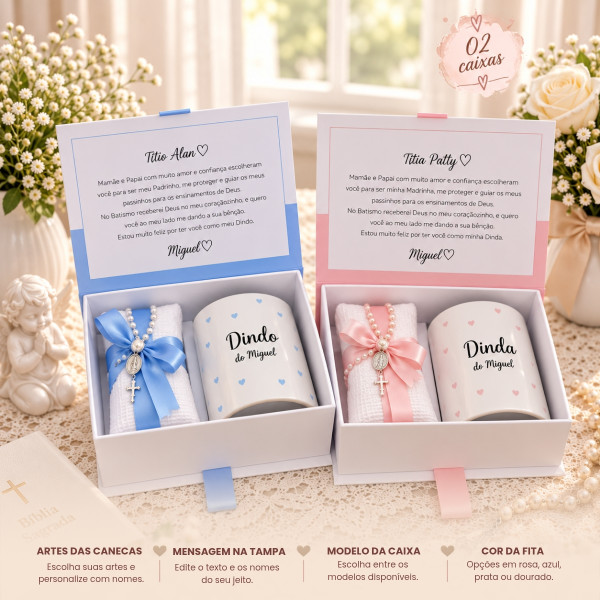 Kit Convite Padrinhos de Batismo com 2 Caixas Individuais e Mini Terço Kit Convite Padrinhos de Batismo com 2 Caixas Individuais e Mini Terço
