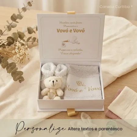 Caixa Revelação Gravidez para Avós com Toalhinha, Ursinho e Sapatinho