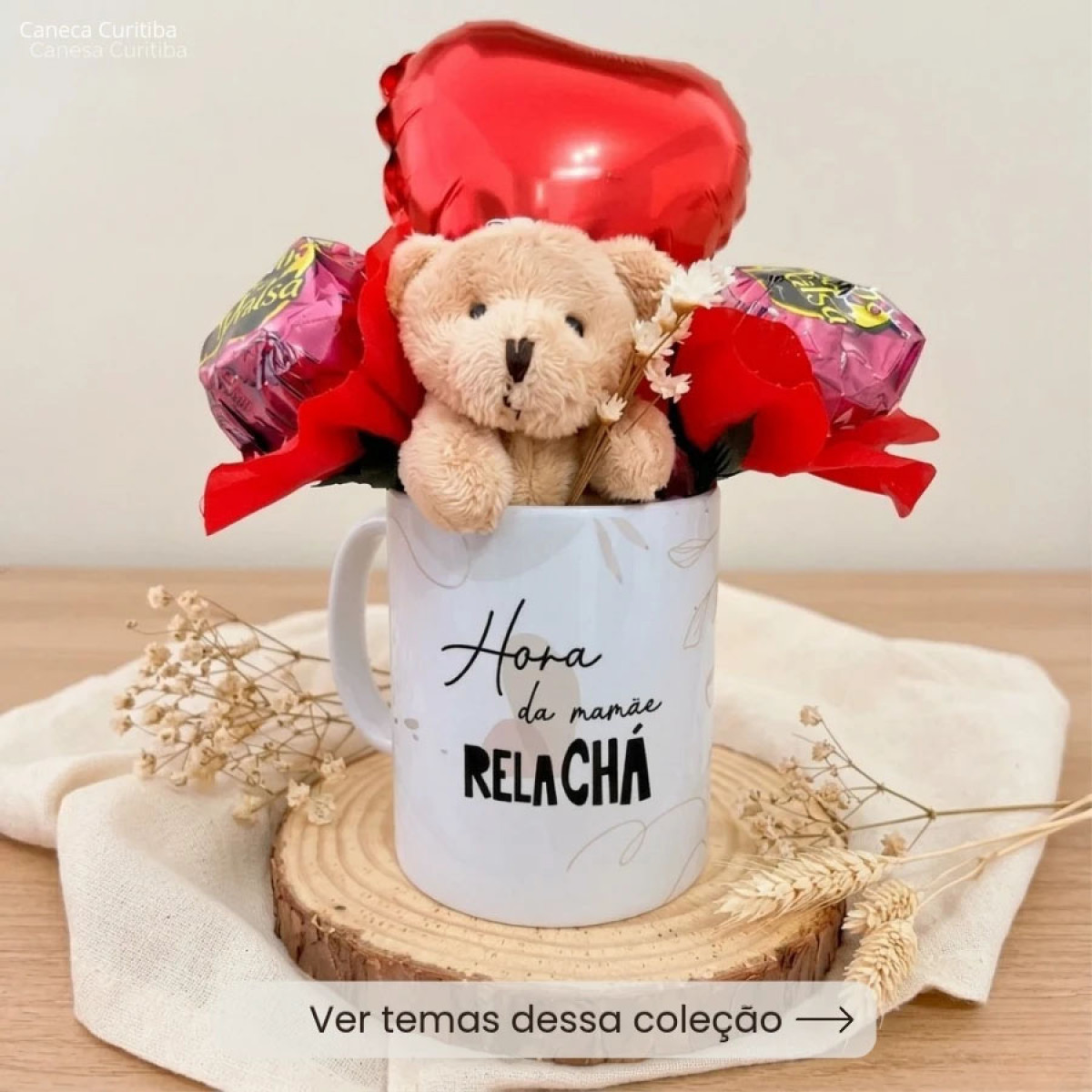Kit Presente Mãe Caneca Personalizada com Balão e Ursinho