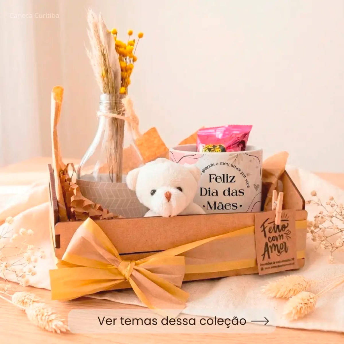 Kit Mãe Caixotinho MDF com Caneca Personalizada, Ursinho e Mimos
