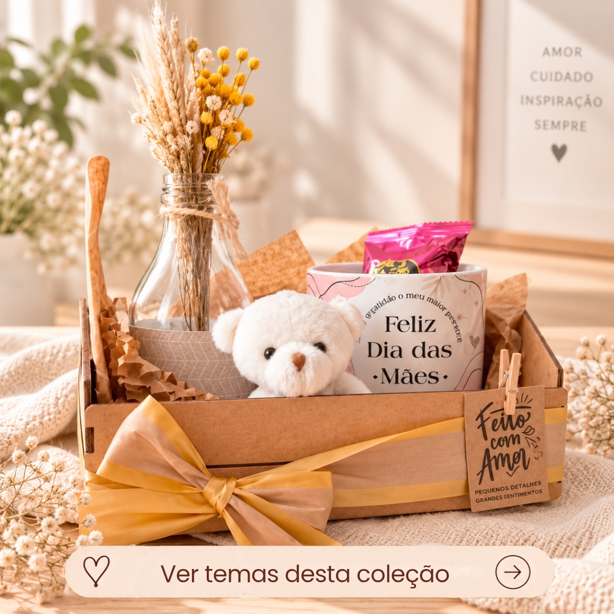 Kit Mãe Caixotinho MDF com Caneca Personalizada, Ursinho e Mimos