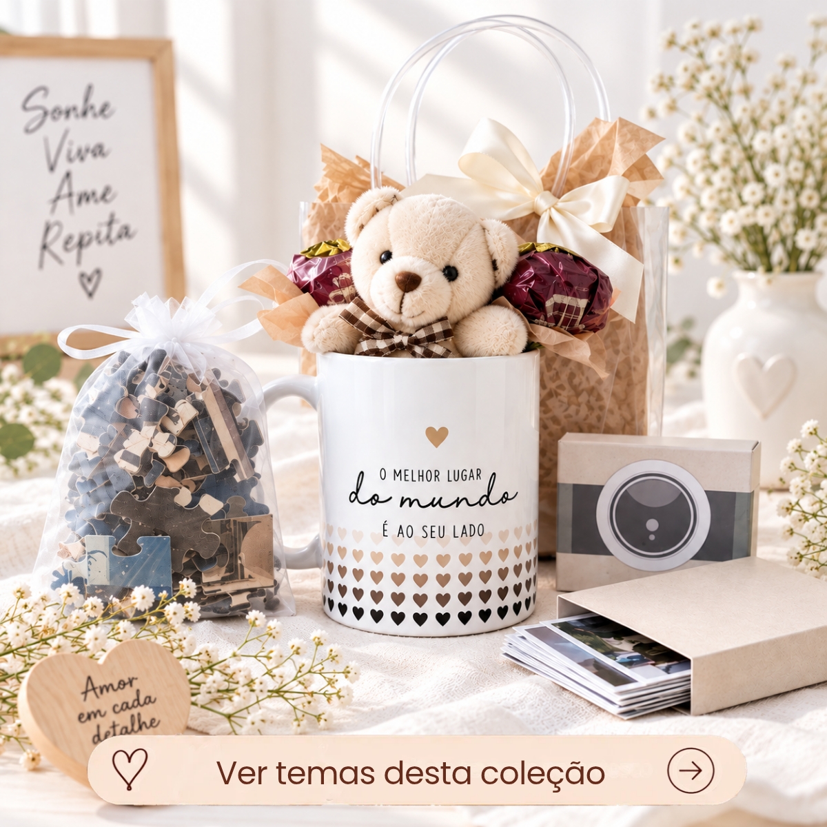 Kit Presente Dia dos Namorados Caneca, Quebra-Cabeça Personalizado Ímãs Ursinho, sacola Pvc Kit Presente Dia dos Namorados Caneca, Quebra-Cabeça Personalizado Ímãs Ursinho, sacola Pvc
